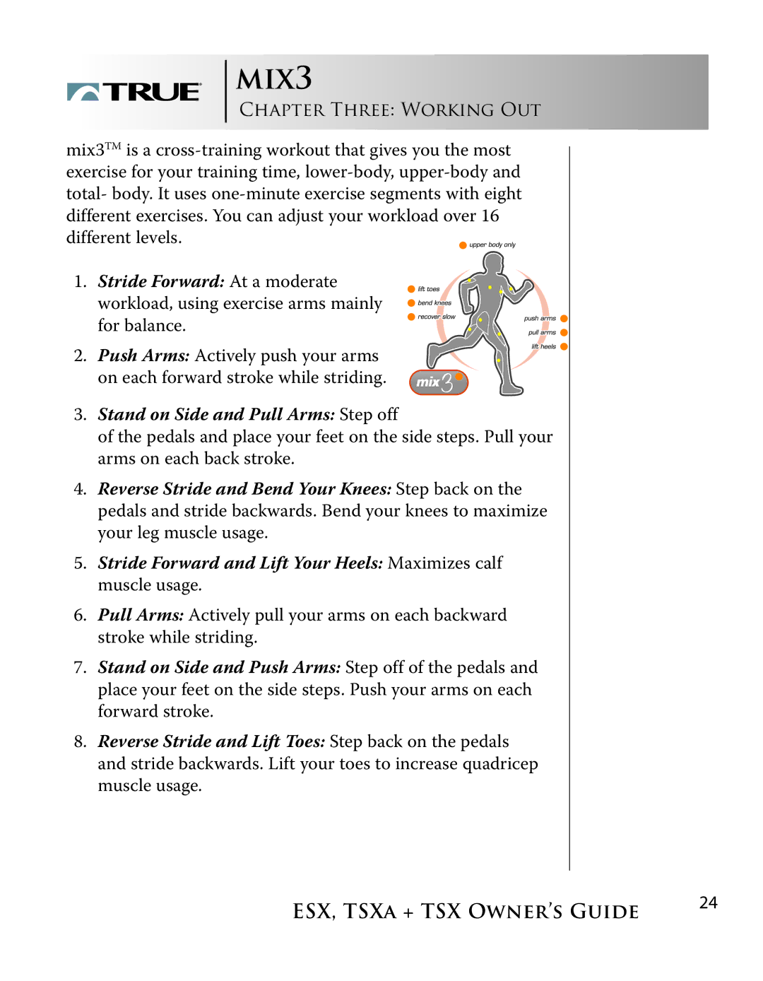 True Fitness ESX, TSXa manual Chapter THREE WORKING OUT, Stand on Side and Pull Arms Step off 